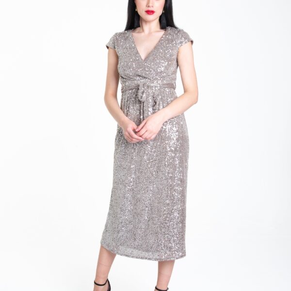 Gun Metal Sequin Belted Midi Wrap Dress