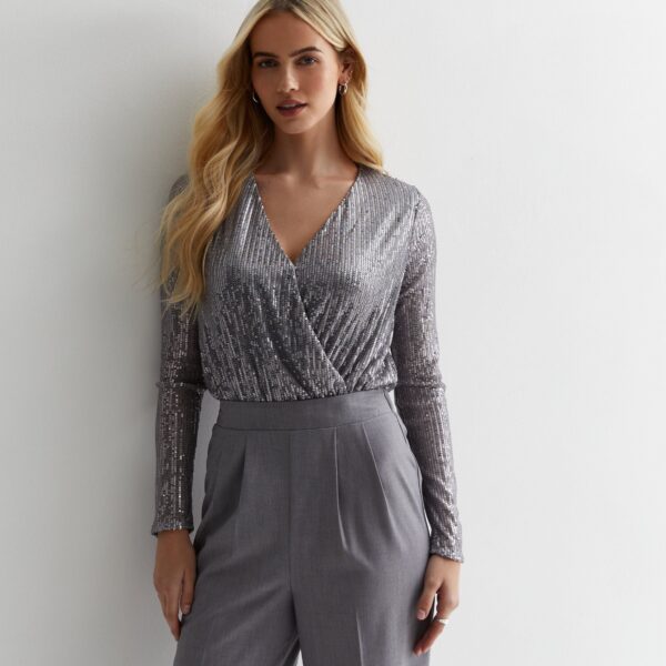 Gun Metal Sequin Wrap Long Sleeves Bodysuit