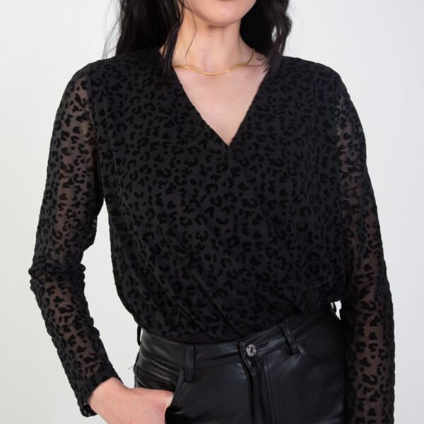 Black Animal Pattern Burnout Long Sleeve Bodysuit