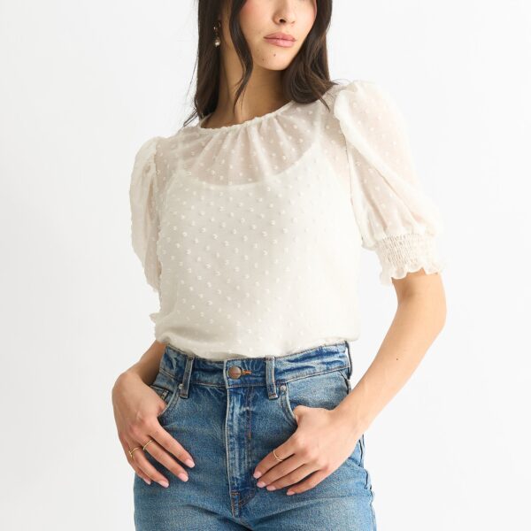 White Dobby Chiffon Shirred Cuff Blouse