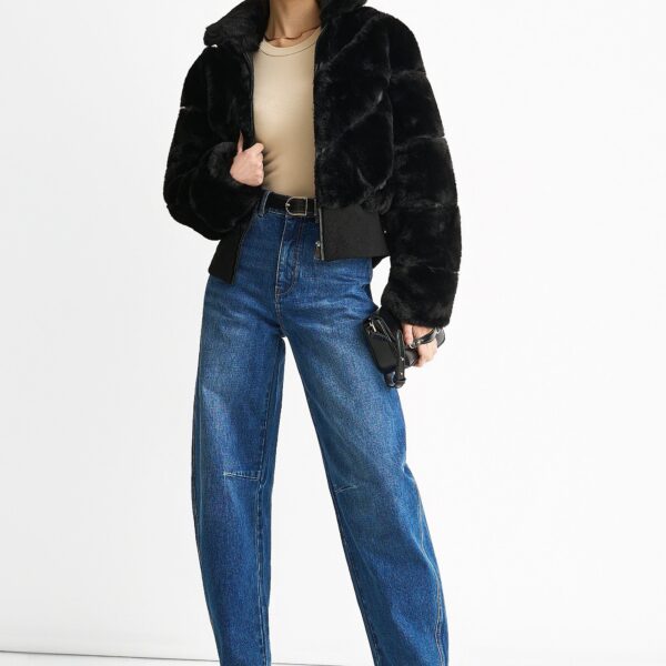 Black Faux Fur Zip Front Short Jacket