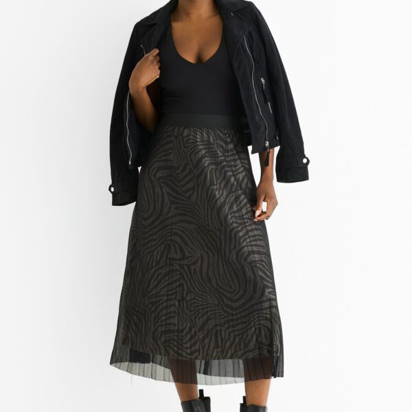 Black Animal Print Mesh Overlay Pleated Midi Skirt