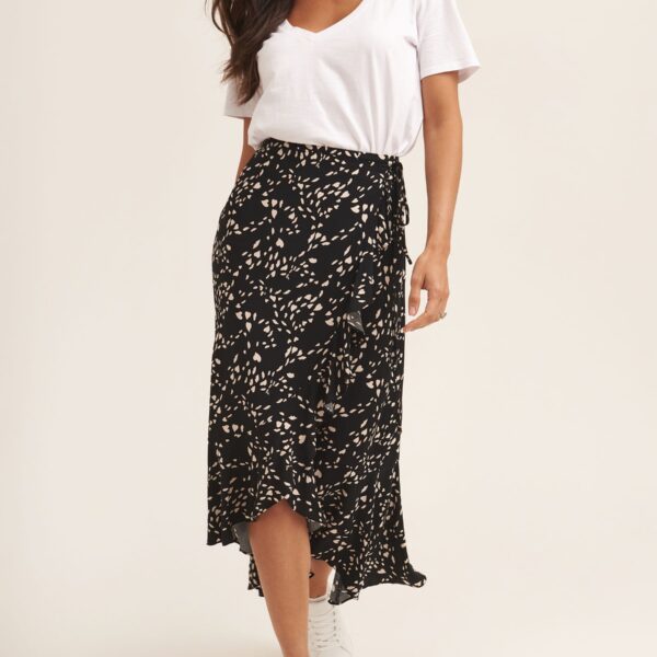 Black Animal Print Ruffle Wrap Midi Skirt