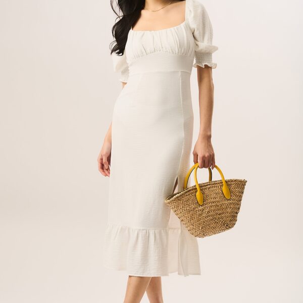 Ivory Shirred Sleeves Shift Midi Dress