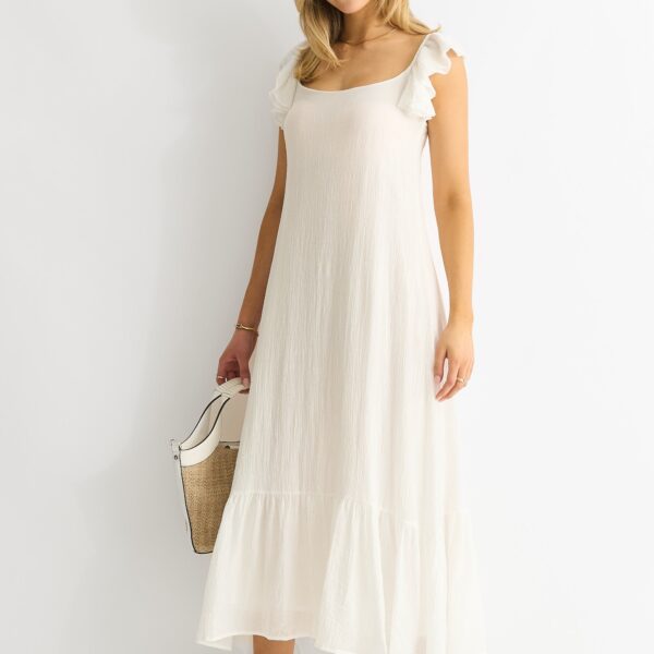 White Ruffle Short Sleeve Viscose Maxi Dress