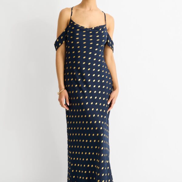 Navy Cowl Neck Drop Sleeves Foil Maxi Dress