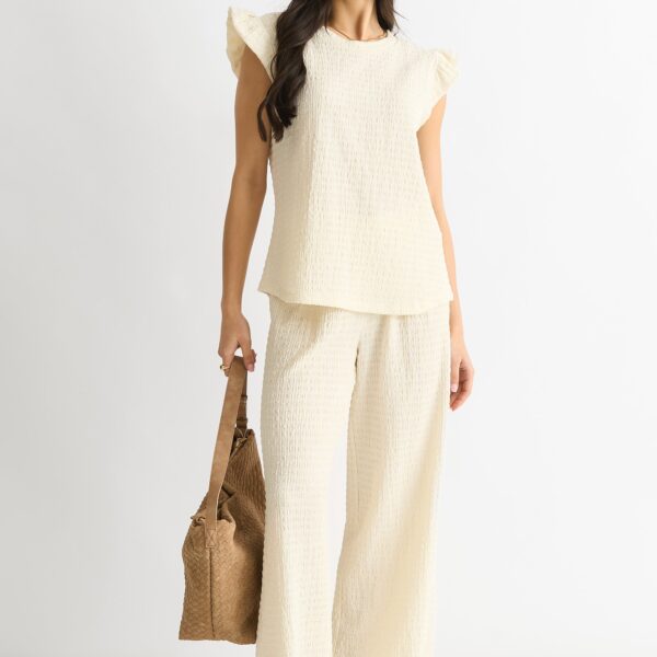 Ivory Textured Elastic Waist Pull On Trousers