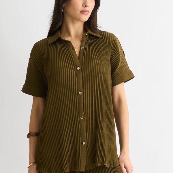Olive Plisse Short Sleeve Oversized Shirt