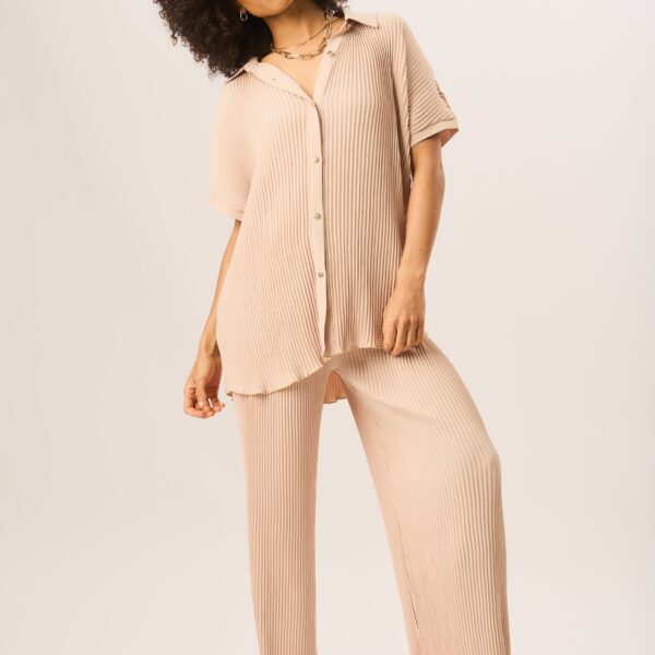 Beige Plisse Loungewear Wide Leg Trousers