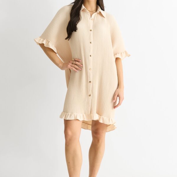 Beige Plisse Frill Detail oversized Shirt Dress