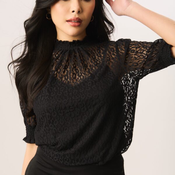 Black High Neck Lace Loose Fit Blouse