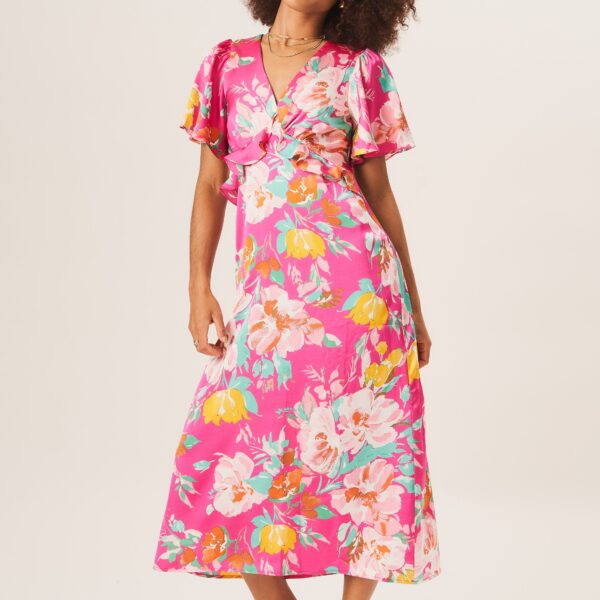 Pink Floral Print Angel Sleeves Midi Dress