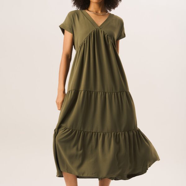 Khaki V Neck Tiered Midi Smock Dress