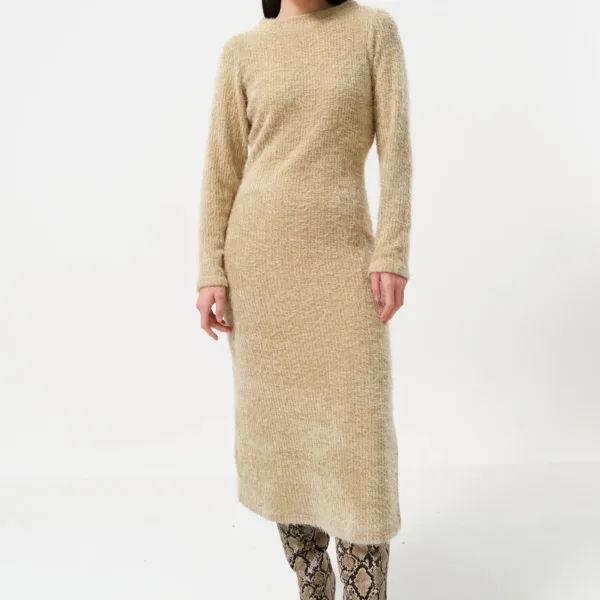 Guila Eyelash Rib Long Sleeve Midi Dress - Beige