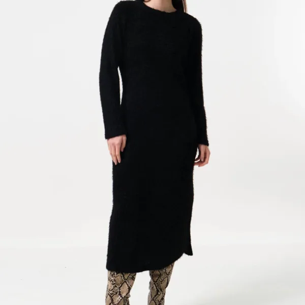 Guila Eyelash Rib Long Sleeve Midi Dress - Black