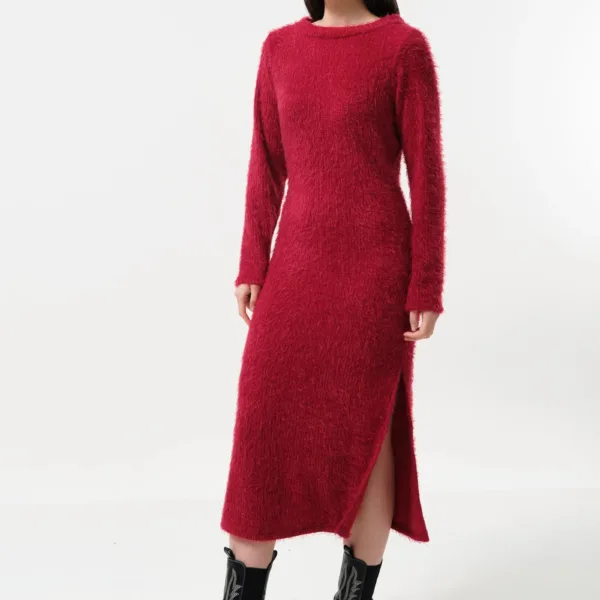 Guila Eyelash Rib Long Sleeve Midi Dress - Red