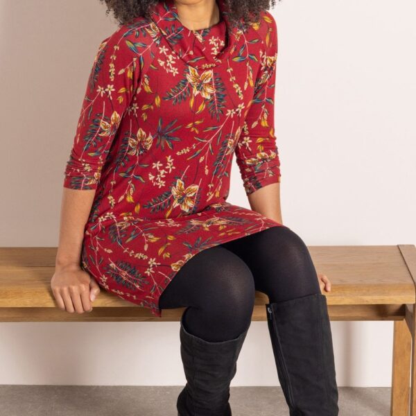 Botanical Print Cowl Neck Knitted Tunic Top - RED - S