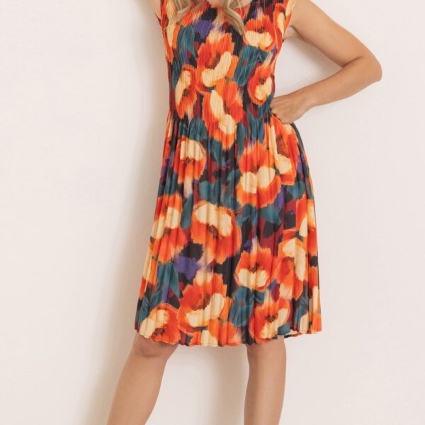 Floral Printed Round Neck Pleated Dress - RUST - XXL