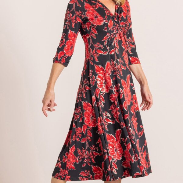 Anna Rose Floral Foil Print ITY Jersey Midi Dress - RED/GOLD - 14