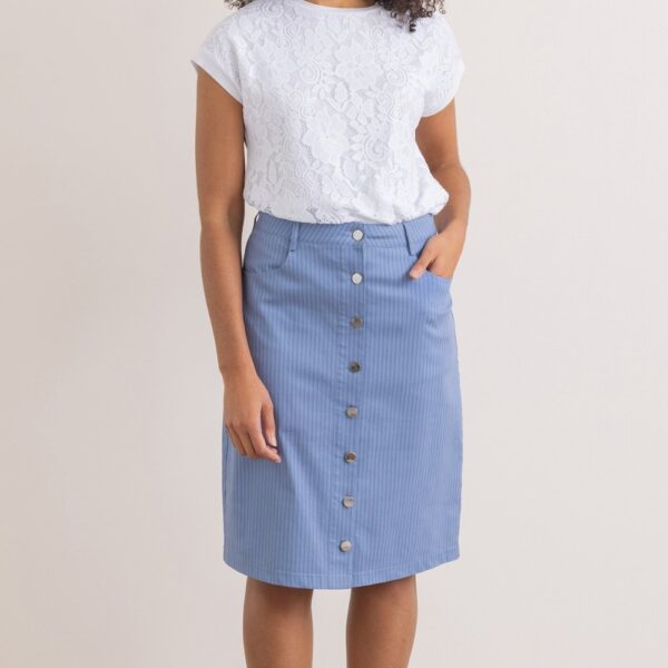 Striped Button Fastening Cotton Blend Skirt - AIRFORCE - 14