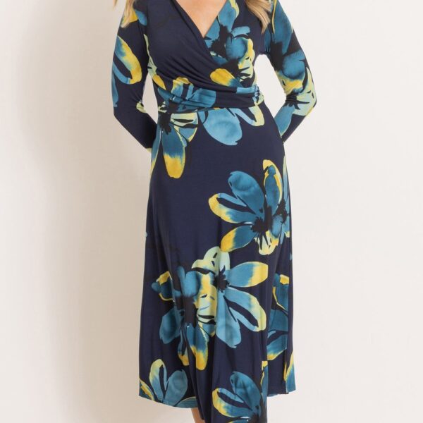 Wrap Around Floral Long Sleeve Midi Dress - MIDNIGHT/TEAL - 10
