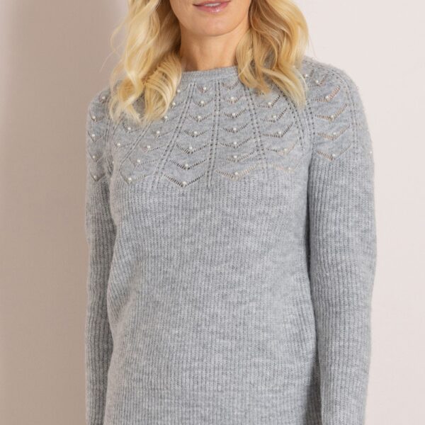 Faux Pearl Embellished Jumper - GREY - S