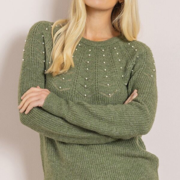 Faux Pearl Embellished Jumper - KHAKI - XL