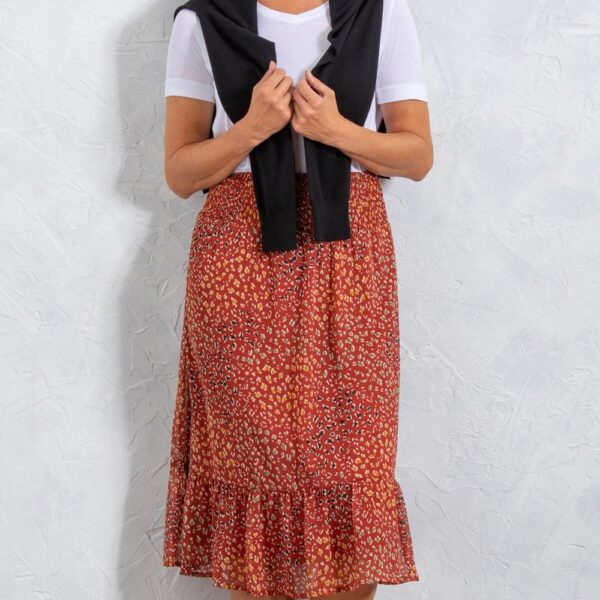 Animal Printed Mesh Smocked Waist Midi Skirt - ORANGE - 22