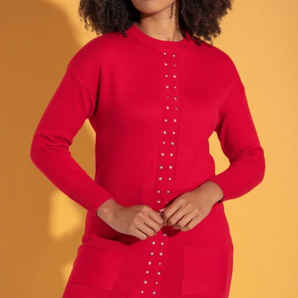 Embellished Knitted Dress - RED - XXL
