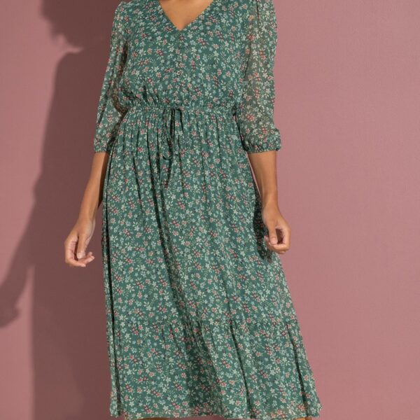 Floral Printed Chiffon Midaxi Dress - GREEN - 10