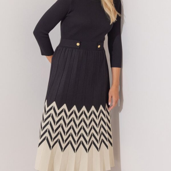 Zig Zag Pleated Knit Midaxi Dress - BLACK/IVORY - XXL