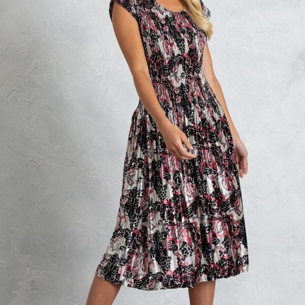 Klass Velour Floral Print Pleated Dress Black/Pink Women's