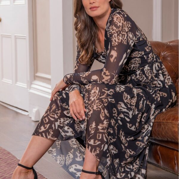 Animal Flower Print Mesh Midaxi Dress - BLACK/TAUPE - 14