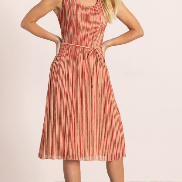 Sleeveless Striped Pleated Dress - TAN - L