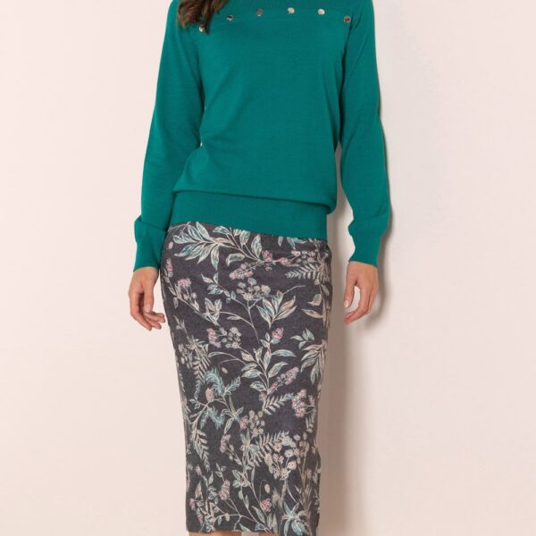 Garden Print Brushed Knit Midi Skirt - GREY/GREEN - S