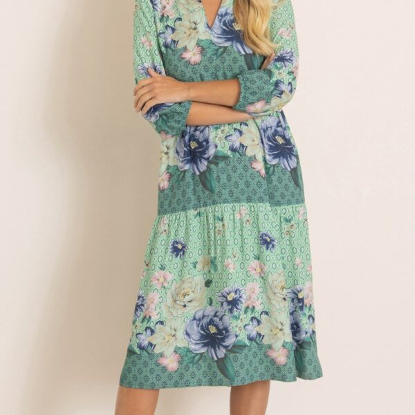 Garden Print Loose Fit Dress - GREEN - 14