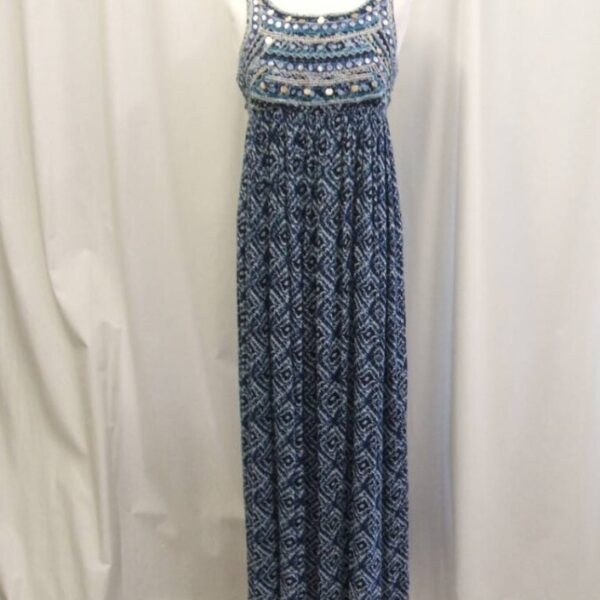 Monsoon Sleeveless Maxi Viscose Dress Blue Patterned Size: 12