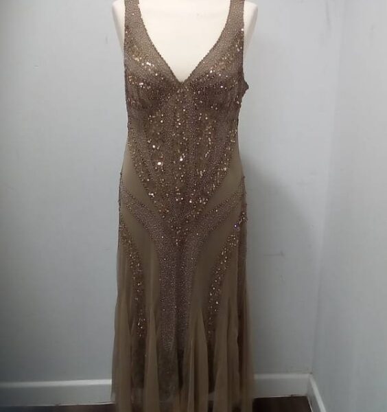 Vintage Dynasty London Prom Sleeveless 20's Style Dress Old Gold Size: 16