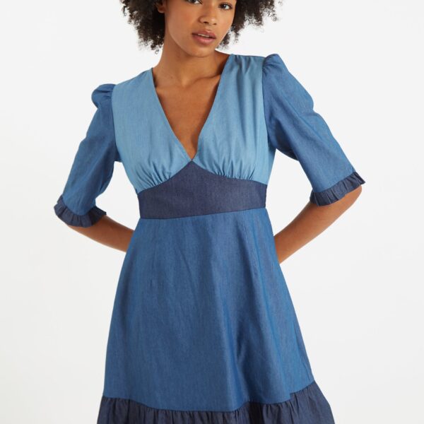 Honie Double Denim V-Neck Mini Dress