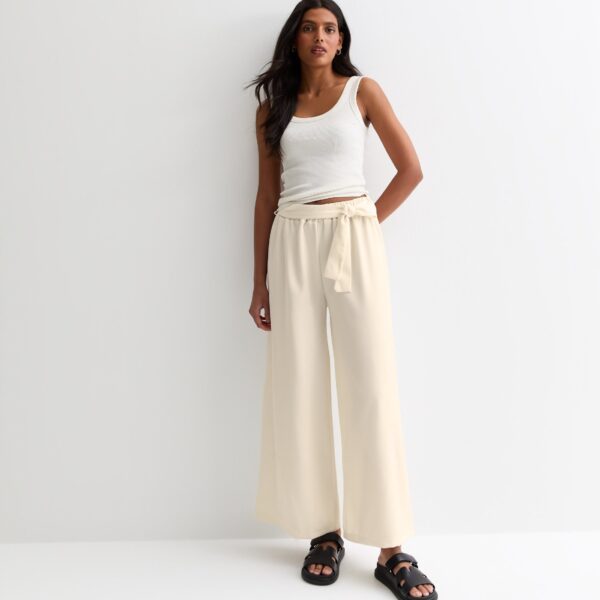 White Elasticated Wide leg Tie detail Trousers