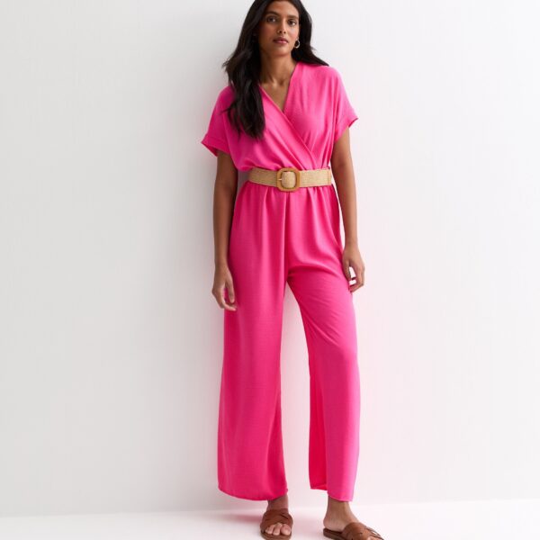 Pink Short Sleeves Elasticated Waist Belted Jumpsuit