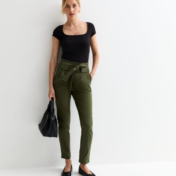 Khaki High Waist Belted Tapered Trousers