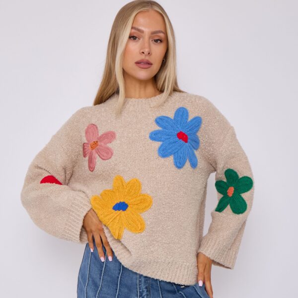 Beige Floral Applique Oversized Jumper
