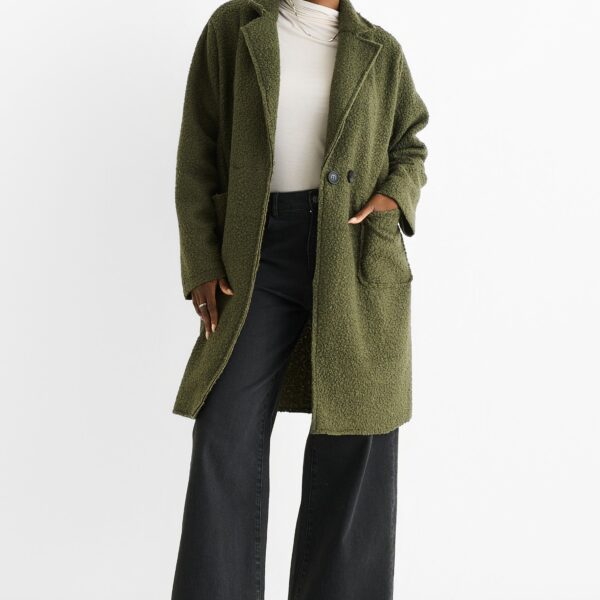 Khaki Shearling Mid Length Double Breasted Jacket