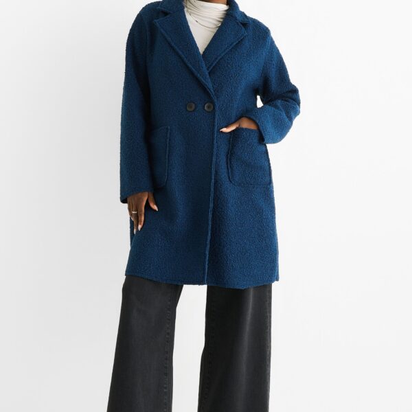 Navy Shearling Mid Length Double Breasted Jacket