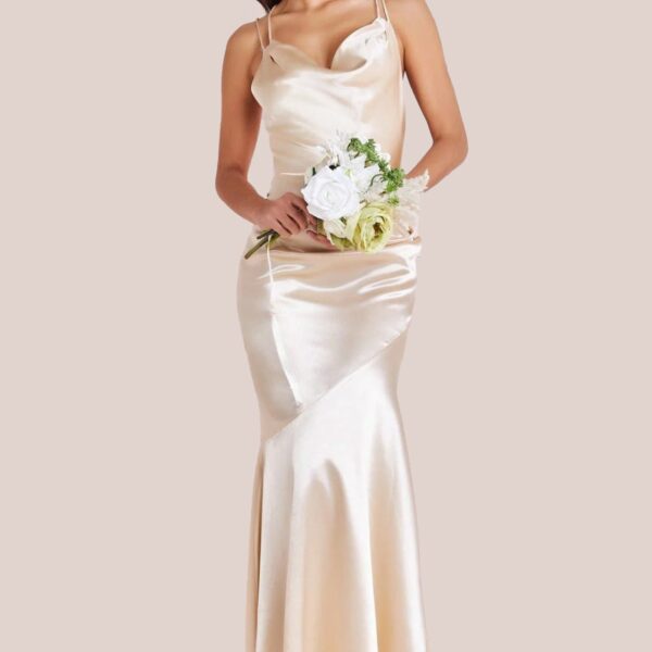 Satin Cowl Neck With Strappy Back Maxi - Champagne by Goddiva