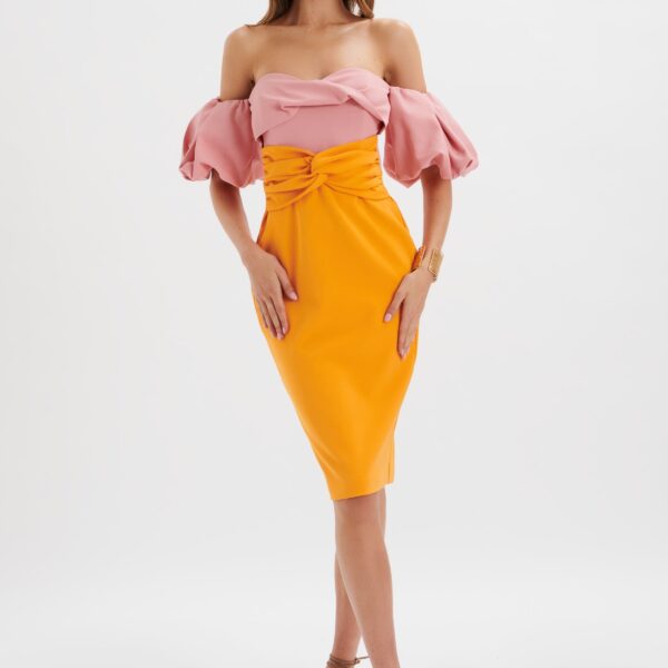 Lavish Alice ELIZA Colour Block Twisted Midi Dress In Pink & Papaya M UK12