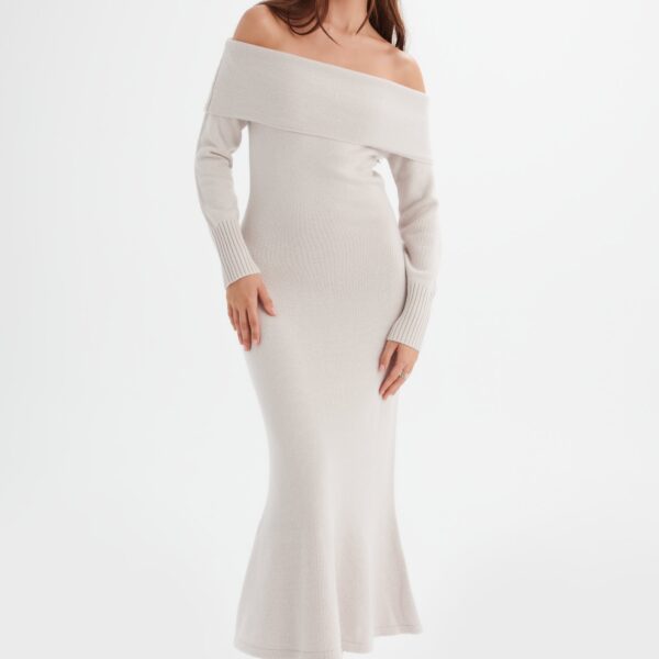 Lavish Alice CLOVER Knitted Wool Bardot Midi Dress In Stone M UK12 - UK14