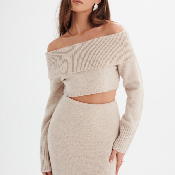 Lavish Alice AVANI Knitted Wool Bardot Cropped Top In Stone M UK12 - UK14