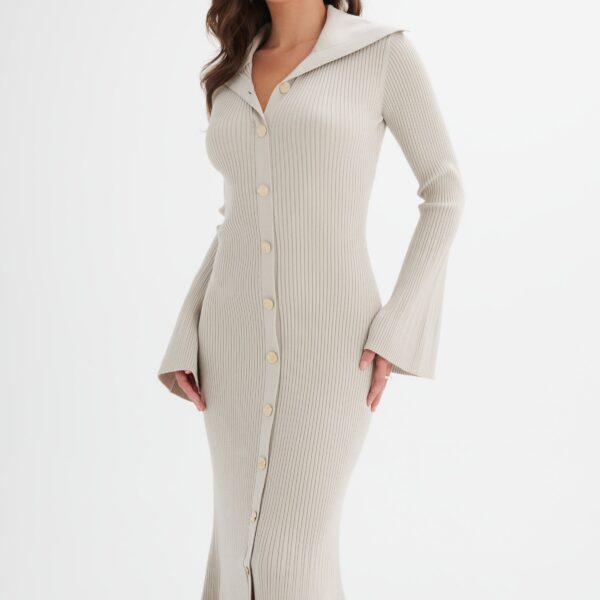 Lavish Alice PARKER Knitted Ribbed Fit & Flare Collared Dress In Stone S UK8 - UK10